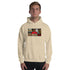 Cream unisex hoodie with front graphic print, kangaroo pocket, and hood drawstrings