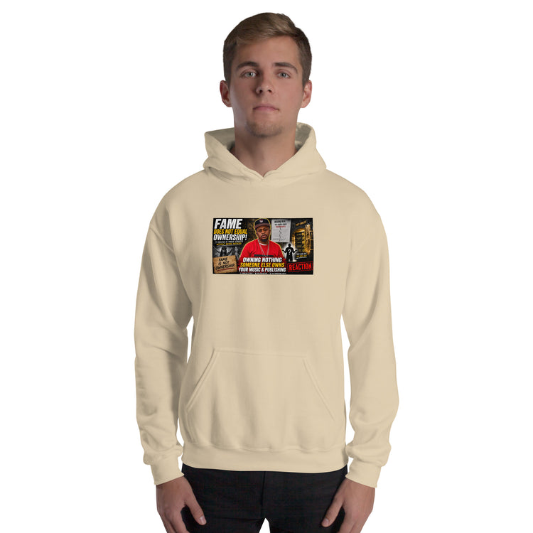 Cream unisex hoodie with front graphic print, kangaroo pocket, and hood drawstrings