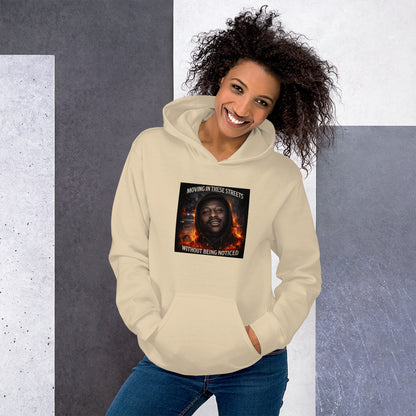 Cream streetwear hoodie with hood, front pocket, and graphic chest print