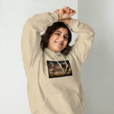 Tan streetwear hoodie with hood, front pocket, and chest graphic print