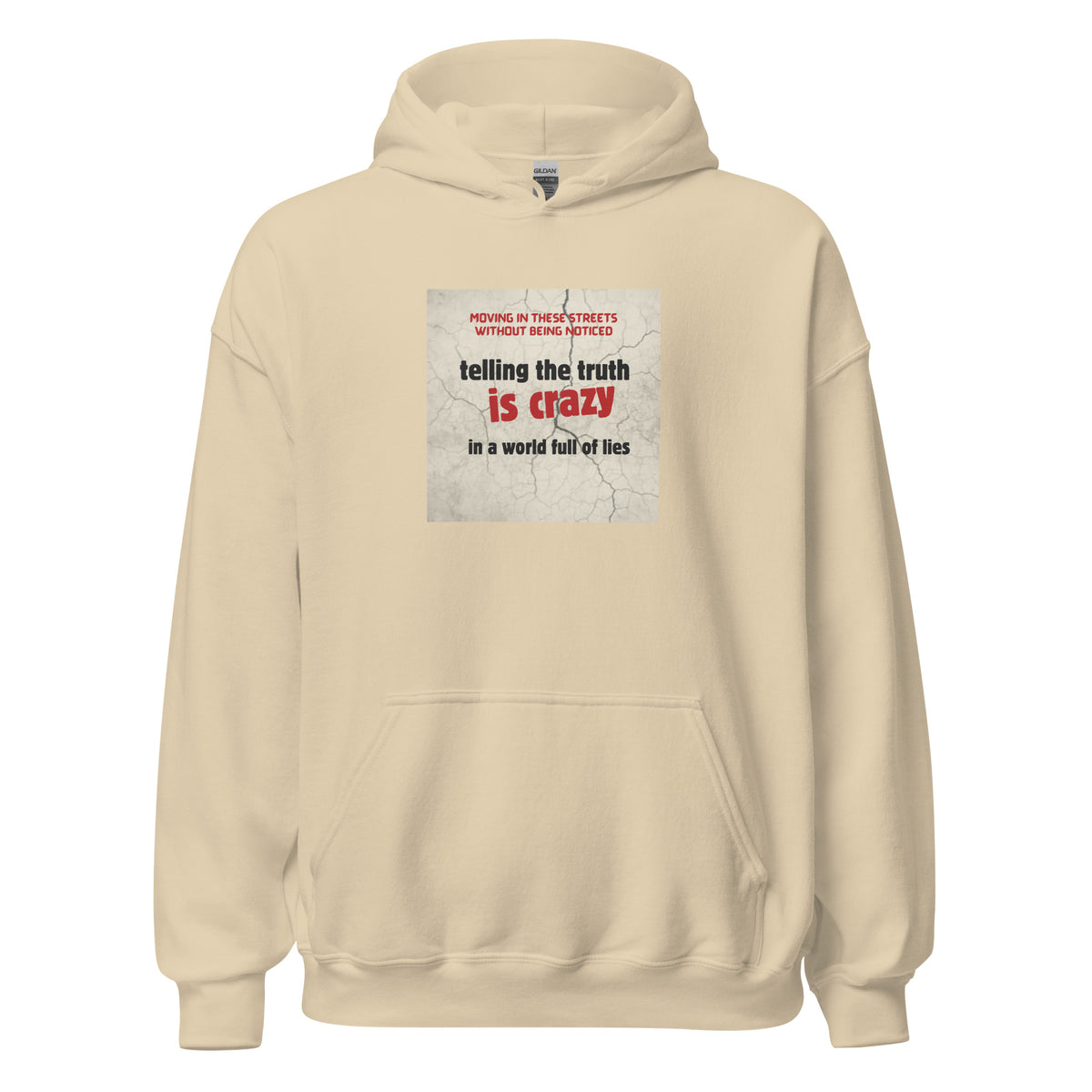 Sand unisex pullover hoodie with front graphic, kangaroo pocket, and drawstring hood.