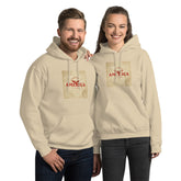Unisex pullover hoodie in cream with front graphic print and kangaroo pocket