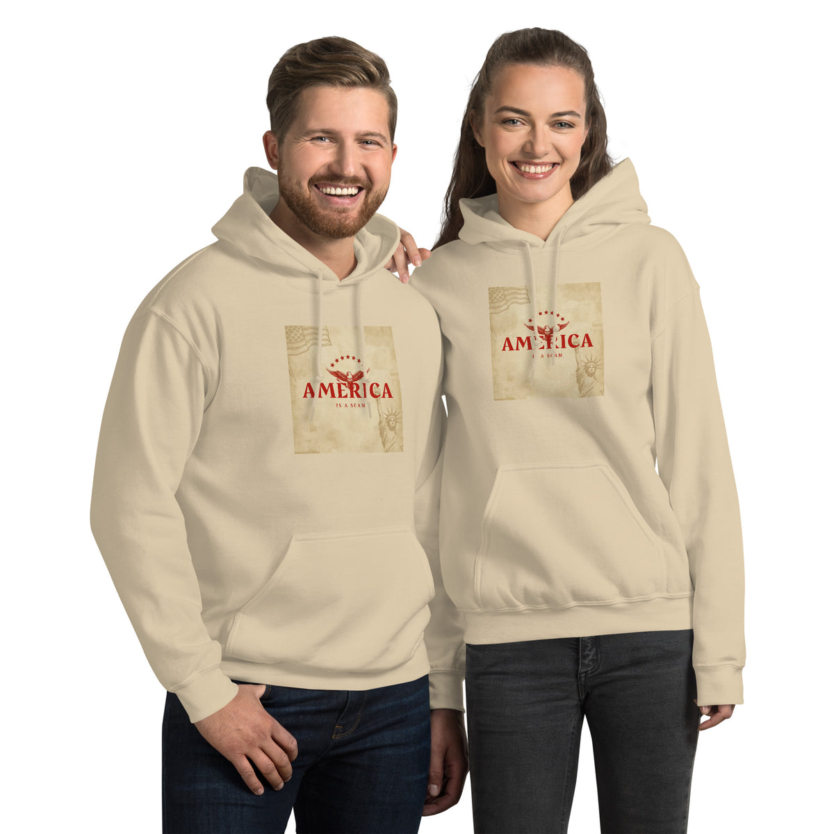 Unisex pullover hoodie in cream with front graphic print and kangaroo pocket