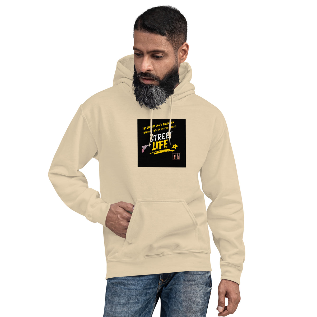 Beige pullover hoodie with front graphic patch, kangaroo pocket, and hood drawstrings