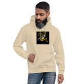 Beige pullover hoodie with front graphic patch, kangaroo pocket, and hood drawstrings