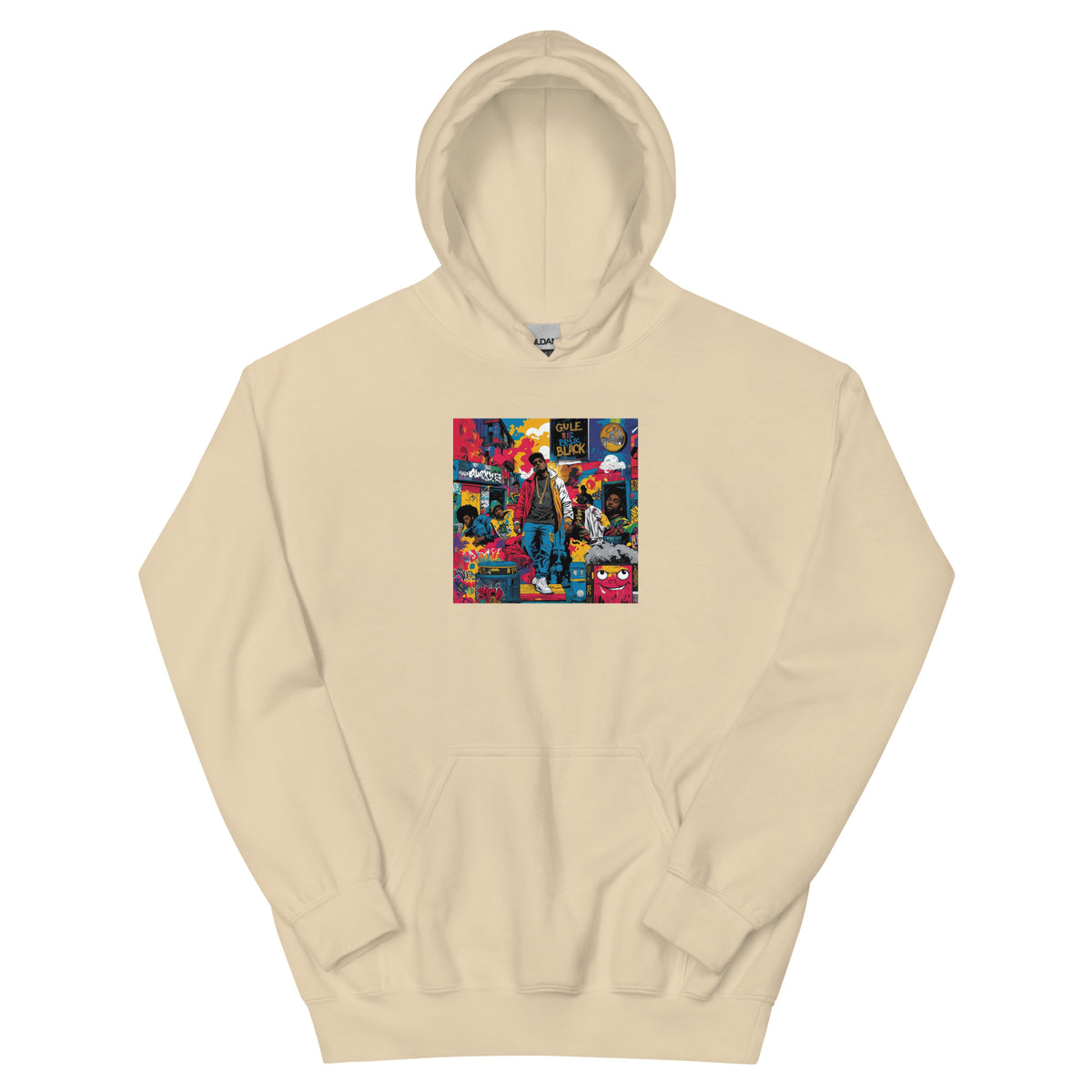 Beige pullover hoodie with colorful square chest graphic and kangaroo pocket