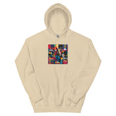 Beige pullover hoodie with colorful square chest graphic and kangaroo pocket