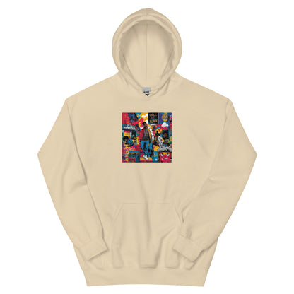 Beige pullover hoodie with colorful square chest graphic and kangaroo pocket