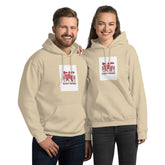Light tan pullover hoodie with front graphic print, kangaroo pocket, and hood
