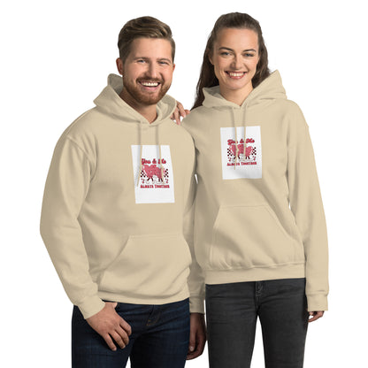 Light tan pullover hoodie with front graphic print, kangaroo pocket, and hood