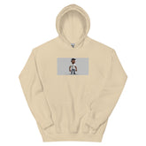 Beige pullover hoodie with front chest graphic and kangaroo pocket