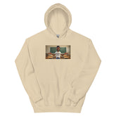 Cream hooded sweatshirt with front graphic panel and kangaroo pocket.