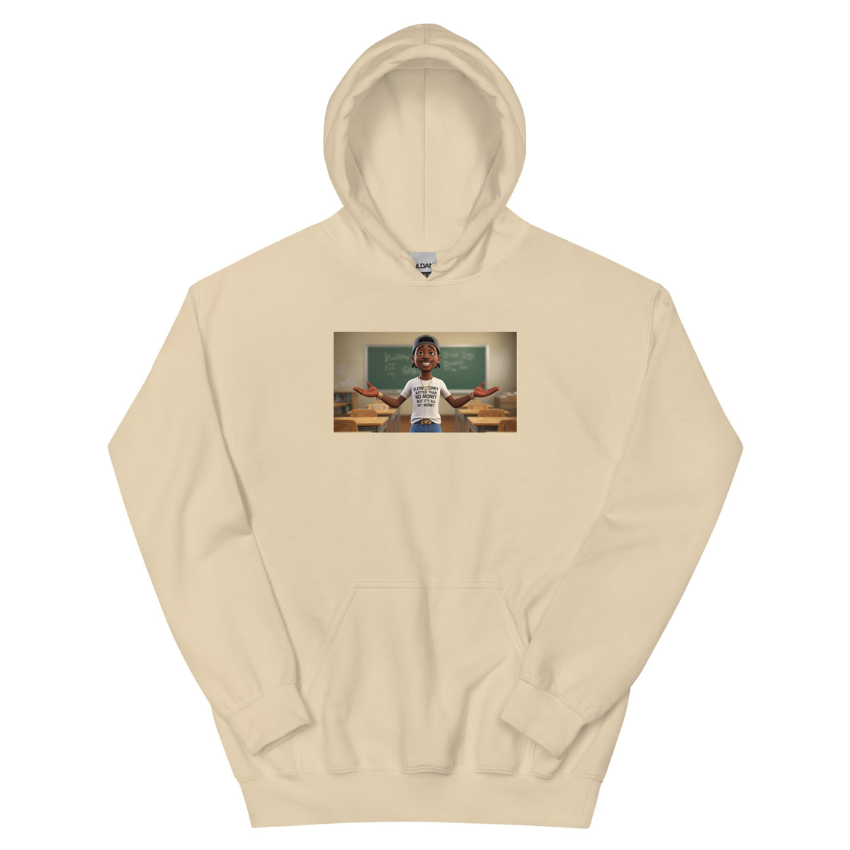 Cream hooded sweatshirt with front graphic panel and kangaroo pocket.