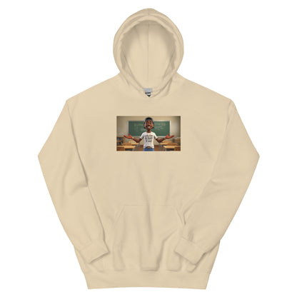 Cream hooded sweatshirt with front graphic panel and kangaroo pocket.