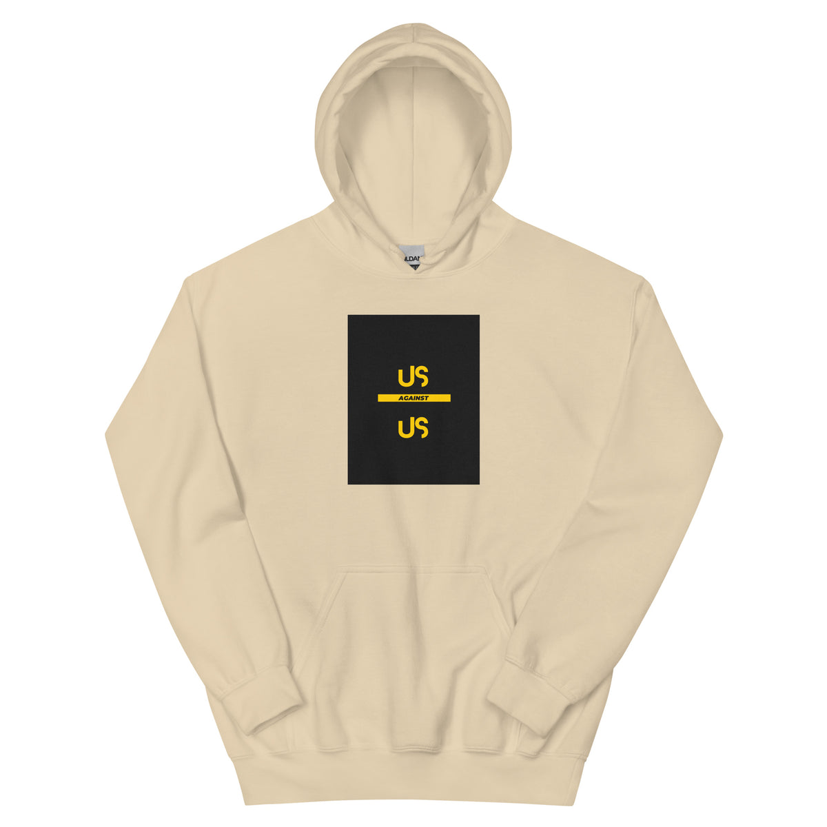 Unisex streetwear hoodie in sand beige with front logo graphic and kangaroo pocket