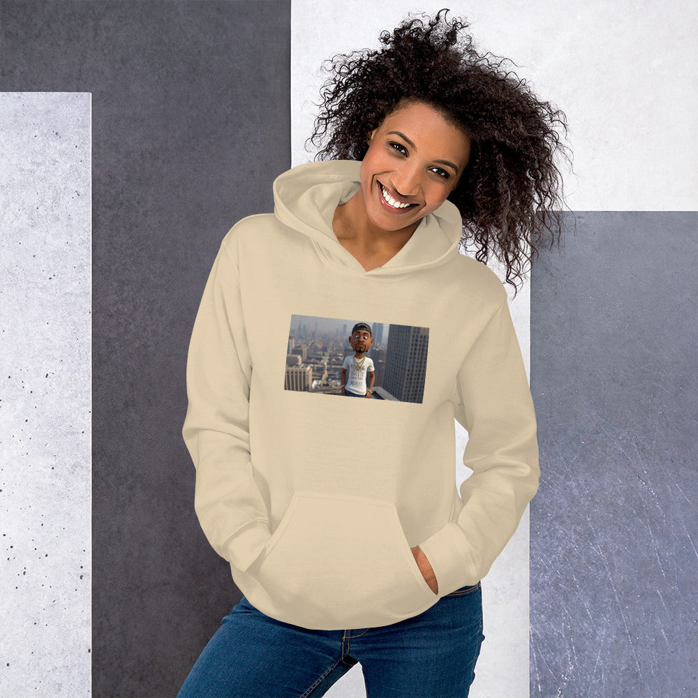 Light beige pullover hoodie with hood, front photo graphic, kangaroo pocket