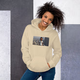 Light beige pullover hoodie with hood, front photo graphic, kangaroo pocket