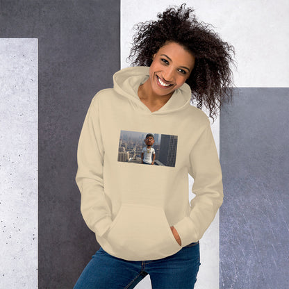Light beige pullover hoodie with hood, front photo graphic, kangaroo pocket