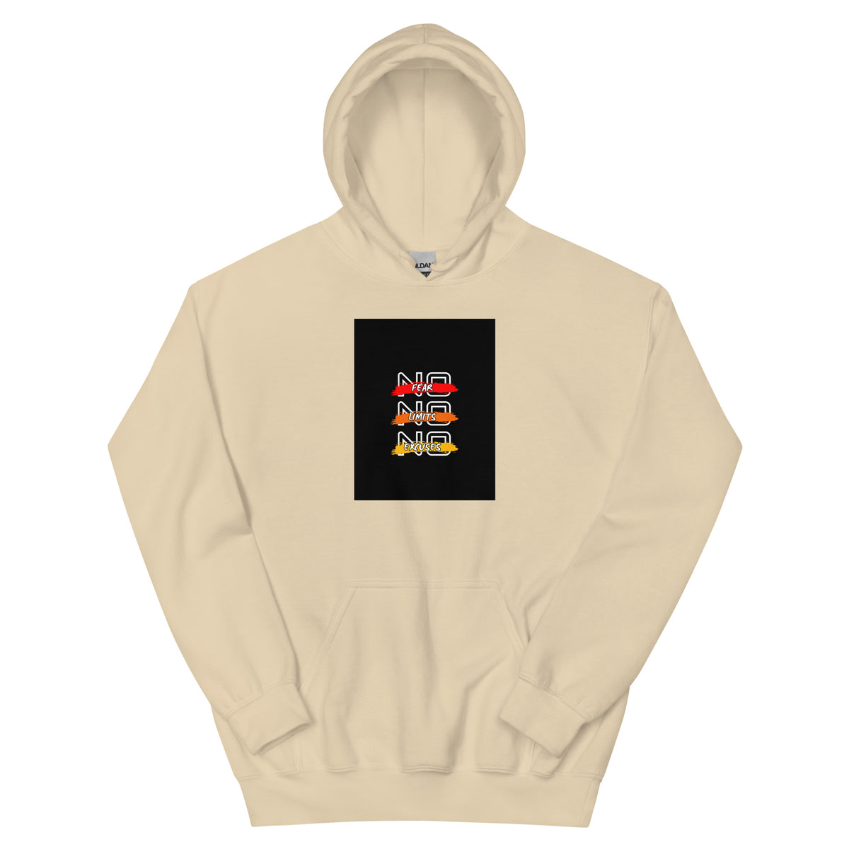 Sand pullover hoodie with front square logo graphic and drawstring hood