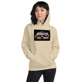 Beige unisex pullover hoodie with hood and front pocket, centered chest graphic print.