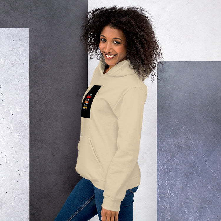 Unisex hoodie in off-white with hood and kangaroo pocket, side view with sleeve graphic.