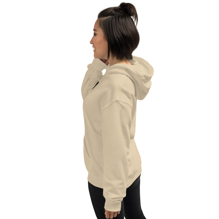 Unisex hoodie in light beige, side view with hood and sleeve detail