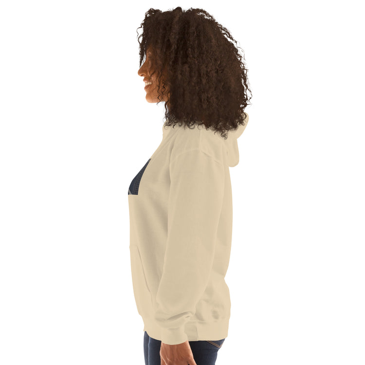 Light beige unisex hoodie with hood and front pocket, side view.