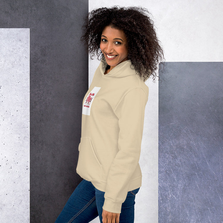 Cream unisex hoodie with hood, front pouch pocket, and chest logo patch.