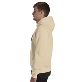 Unisex cream hoodie with hood and kangaroo pocket, side profile