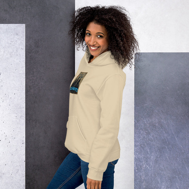 Cream/off-white unisex hoodie with hood, pouch pocket, and small sleeve logo