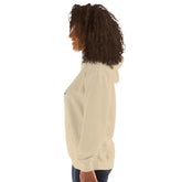 Light cream hoodie, side view with hood and ribbed cuffs