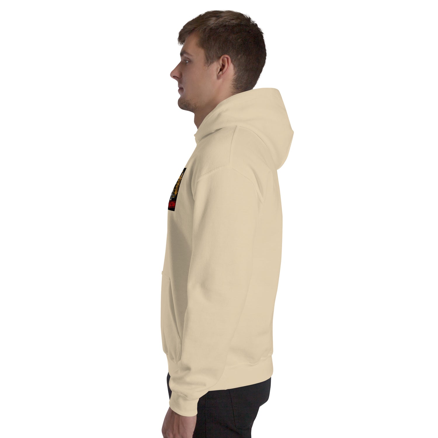 Cream unisex hoodie, side view with hood and kangaroo pocket
