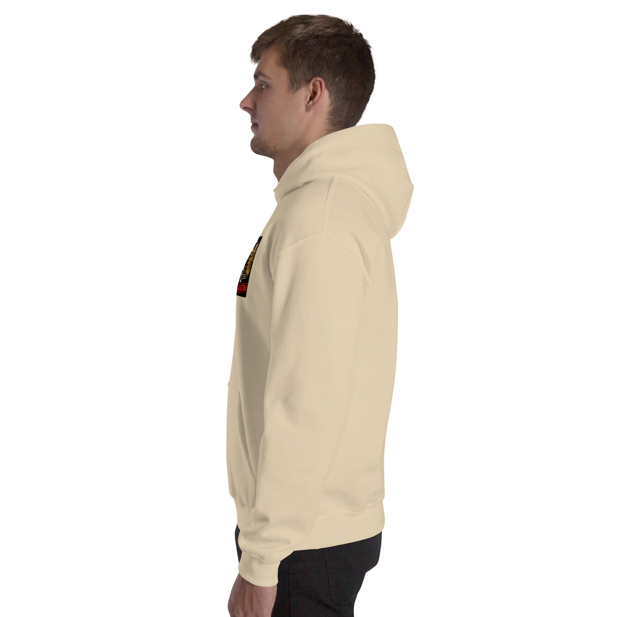 Cream unisex hoodie, side view with hood and kangaroo pocket