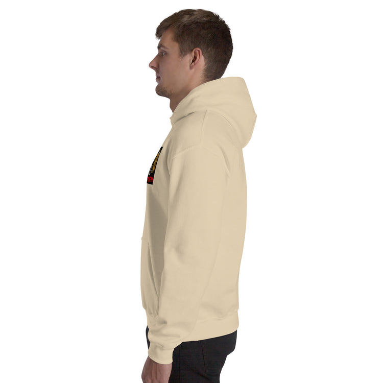 Cream unisex hoodie, side view with hood and kangaroo pocket