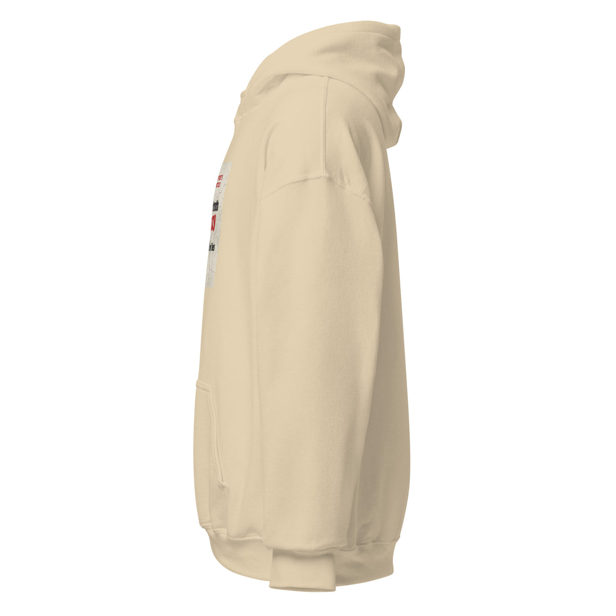 Sand unisex pullover hoodie side profile with drawstring hood and kangaroo pocket.