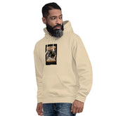 Beige hoodie with chest graphic print, pullover hood and front pouch pocket.