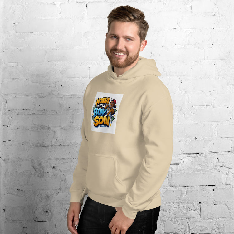 Light sand unisex hoodie with front graphic, kangaroo pocket, and drawstring hood