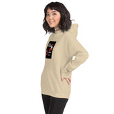 Unisex beige hoodie with hood and front chest graphic, kangaroo pocket
