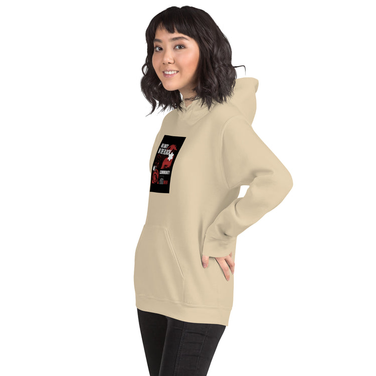 Unisex beige hoodie with hood and front chest graphic, kangaroo pocket