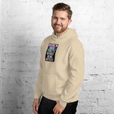 Unisex cream pullover hoodie with front graphic and kangaroo pocket.