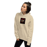 Unisex hoodie in light beige, front view with chest graphic, hood, and pocket