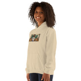 Light cream unisex hoodie with hood and front pouch, chest graphic print