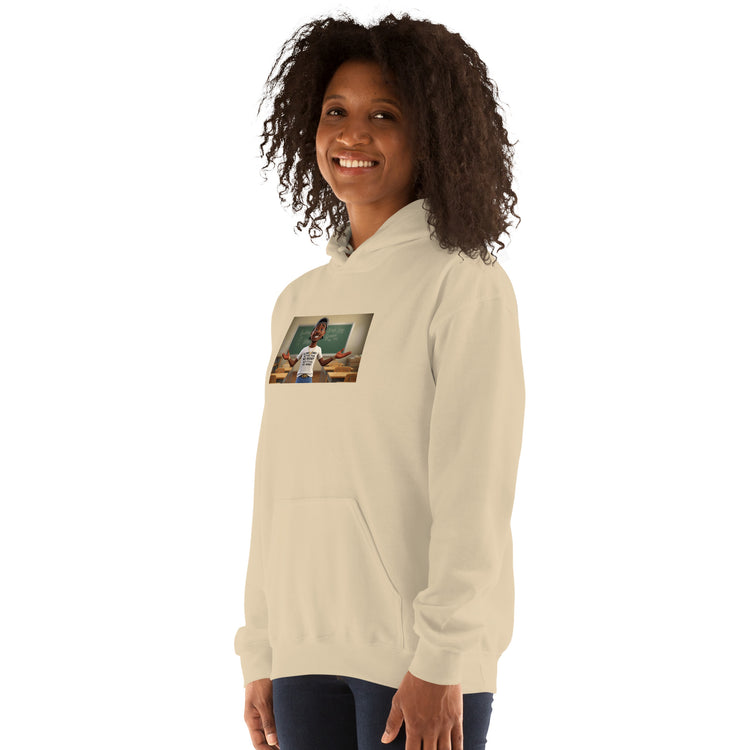 Light cream unisex hoodie with hood and front pouch, chest graphic print