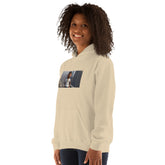 Light beige unisex hoodie with graphic chest photo print and front pocket.