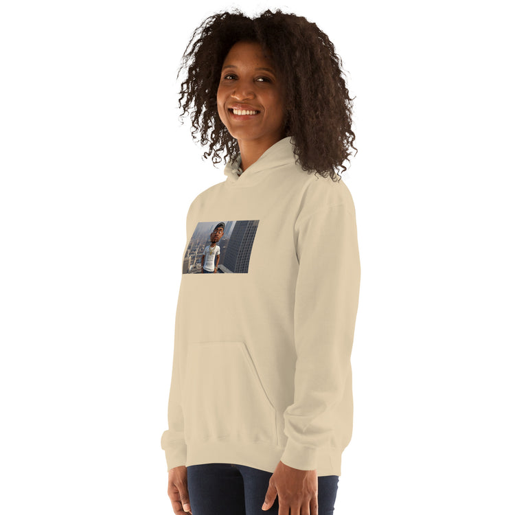 Light beige unisex hoodie with graphic chest photo print and front pocket.