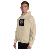 Unisex cream hoodie with front graphic label, hood and kangaroo pocket