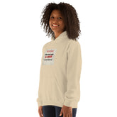 Light cream hoodie with front hood, kangaroo pocket, and square chest graphic