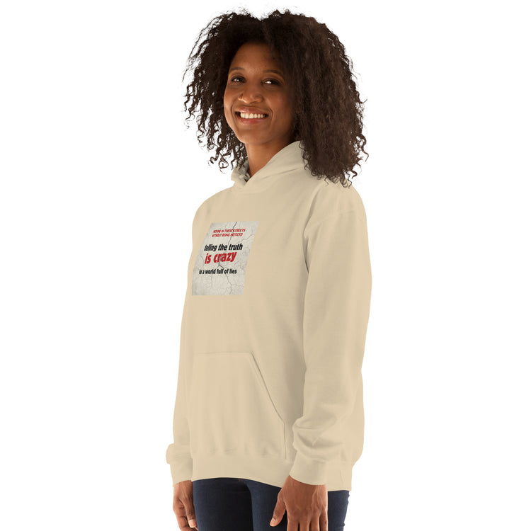 Light cream hoodie with front hood, kangaroo pocket, and square chest graphic