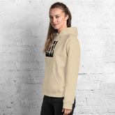 Unisex beige pullover hoodie with side view and chest logo patch