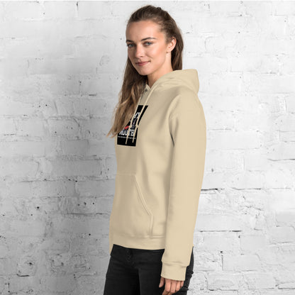 Sand unisex hoodie mit Kapuze, Seitenansicht und Front-Logo-Print